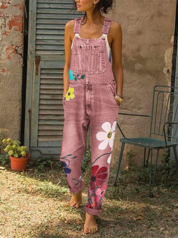 Women Sleeveless Pocket Floral-Print Denim Casual Jumpsuits - CHALIER