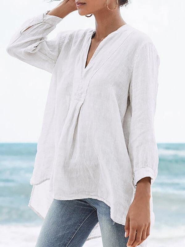 Ladies Thin Cotton And Linen 9-Point Sleeve Shirt - CHALIER