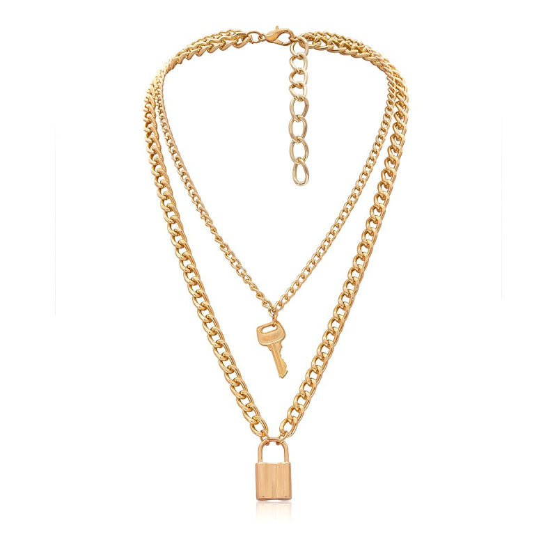 Female Layered Necklaces Women Gold Fashionable Lock and Key Choker