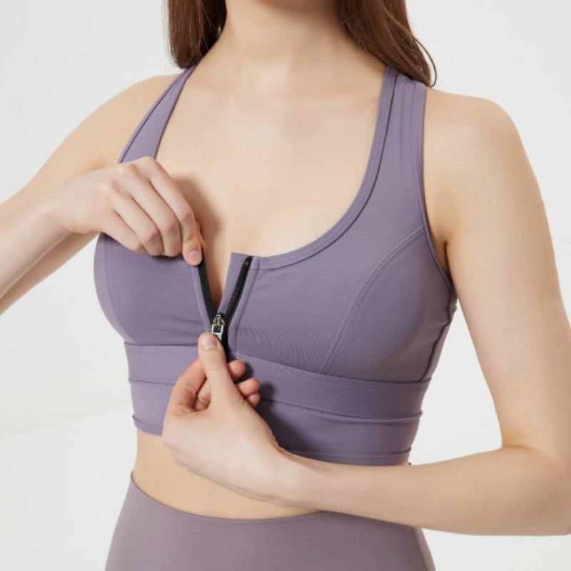 Womens Zip Front Sports Bra Wireless Bra Racerback Removable Pads Workout Active Yoga Sports Bra - CHALIER