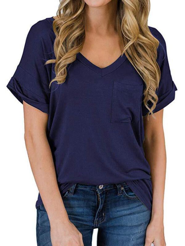 Women Cotton Solid V Neck Short Sleeve T-Shirt - CHALIER