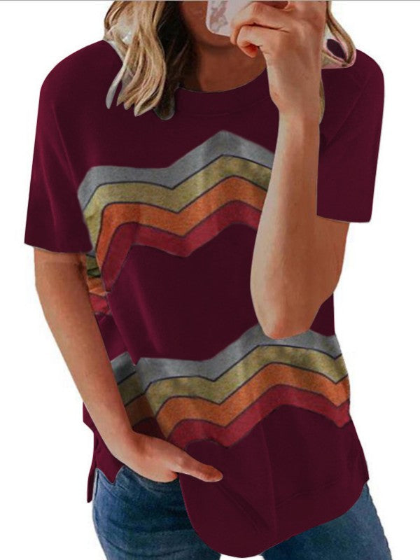 Women Geometry Striped  Casual Short Sleeve T-Shirt