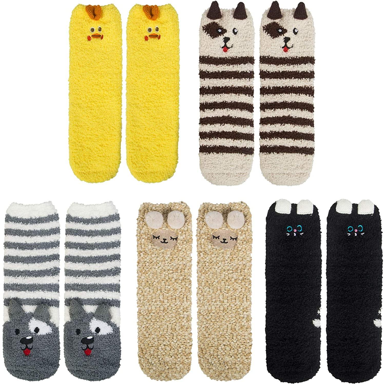 Womens Winter Soft Slipper Cozy Fluffy Socks Fuzzy Cute Animals Socks Gifts 5 Pairs Yellow - CHALIER