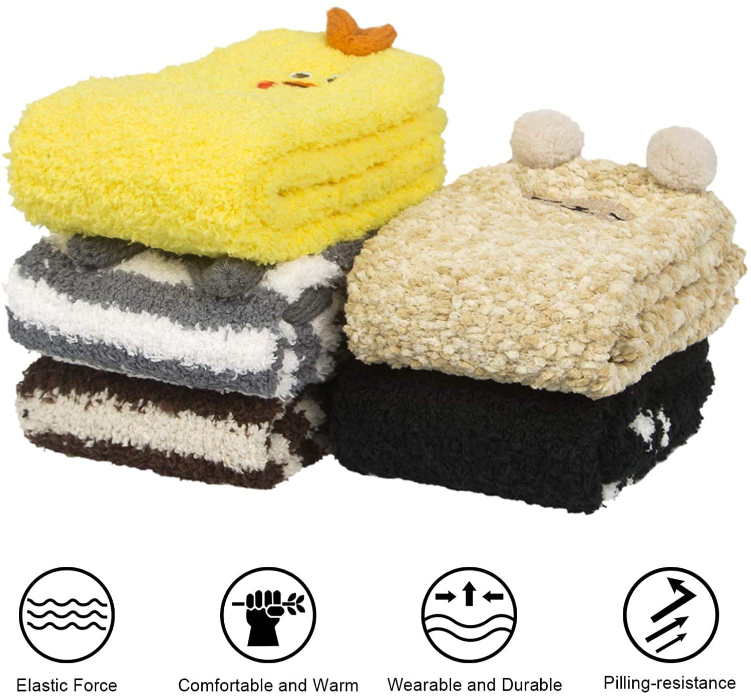 Womens Winter Soft Slipper Cozy Fluffy Socks Fuzzy Cute Animals Socks Gifts 5 Pairs Yellow - CHALIER