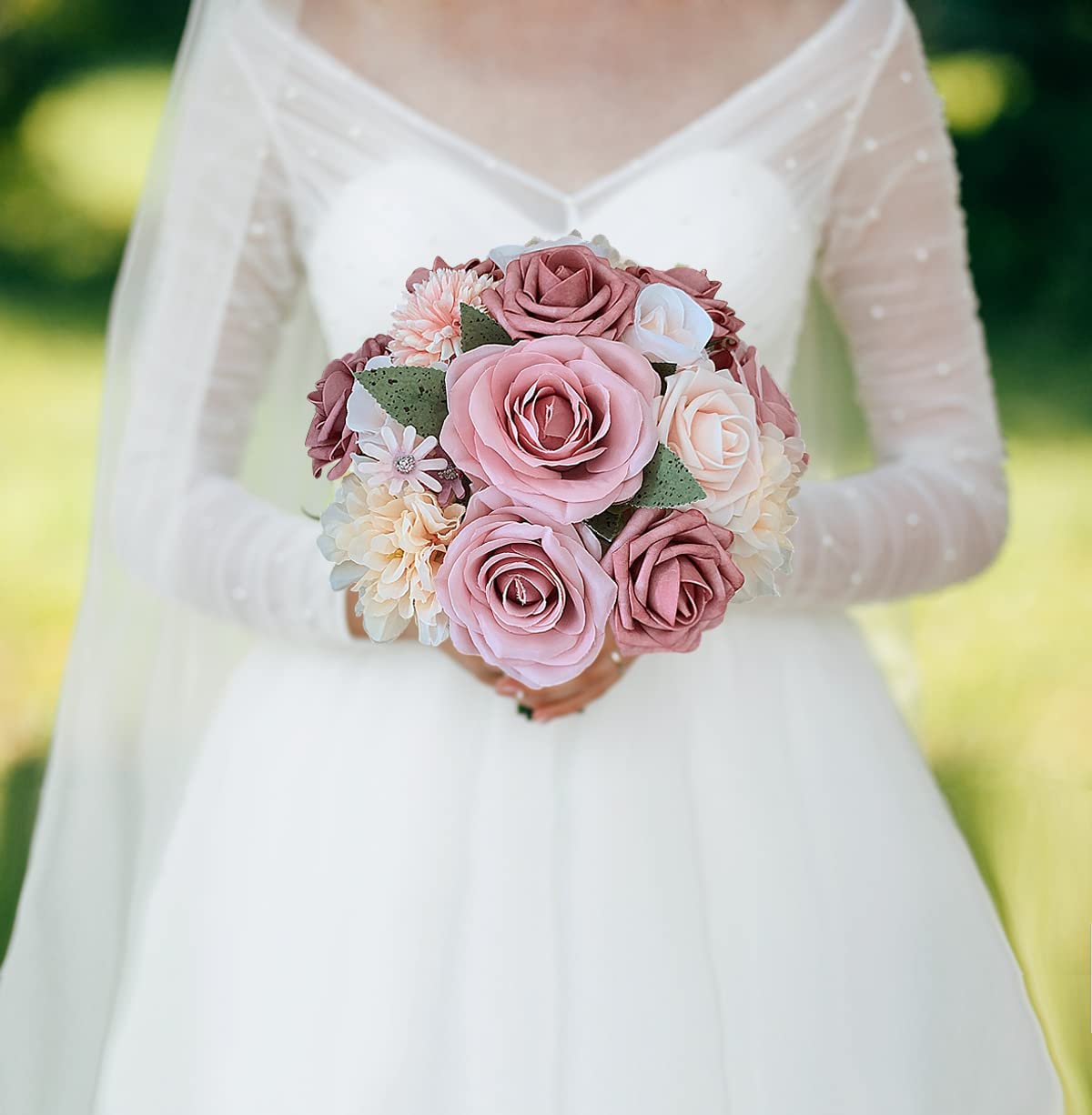 Roses Artificial Flowers Pink Bouquets Box Set for DIY Bridal Wedding Shower Decorations Fake Floral Arrangements for Party Table Centerpieces Home Decor Indoor Outdoor Dusty Blush 19pcs