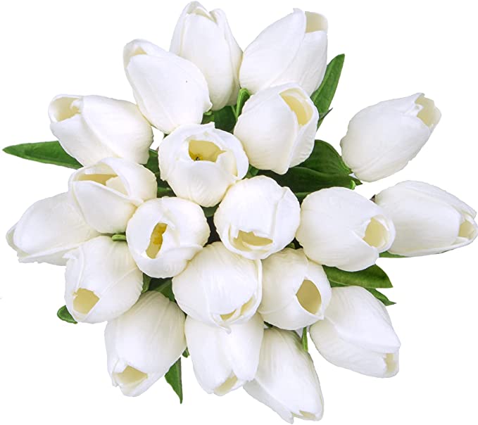 20 Pcs Artificial Flowers Fake Tulip Flowers for Office Decor Home Garden Wedding White