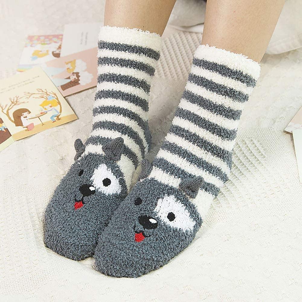 Womens Winter Soft Slipper Cozy Fluffy Socks Fuzzy Cute Animals Socks Gifts 5 Pairs Yellow - CHALIER