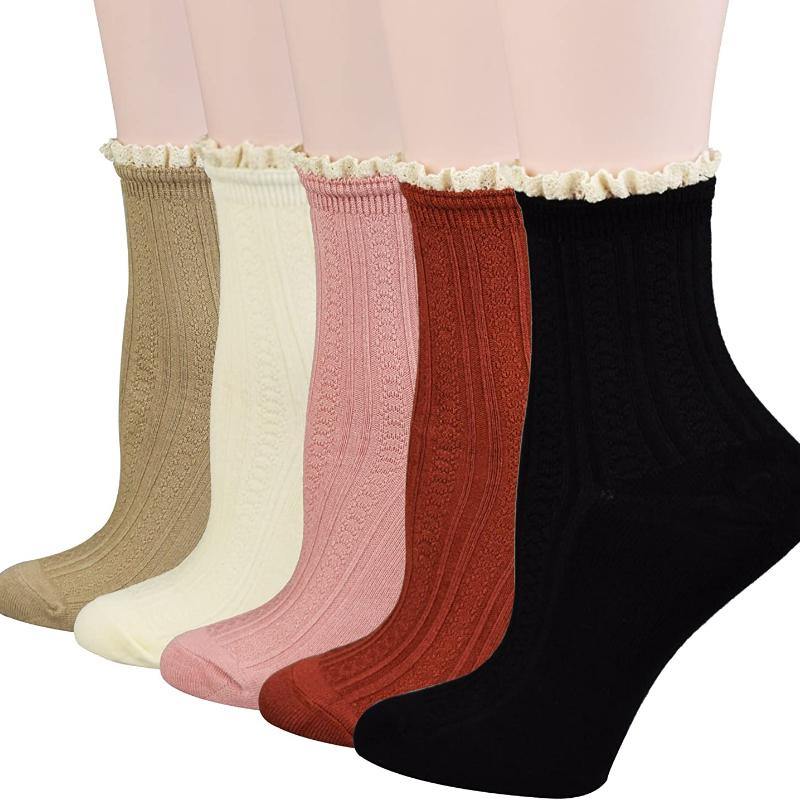 Women's Vintage Dress Socks Ruffle Frilly Cute Rayon Lace Trim Socks - CHALIER