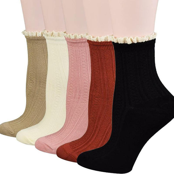 Women's Vintage Dress Socks Ruffle Frilly Cute Rayon Lace Trim Socks - CHALIER
