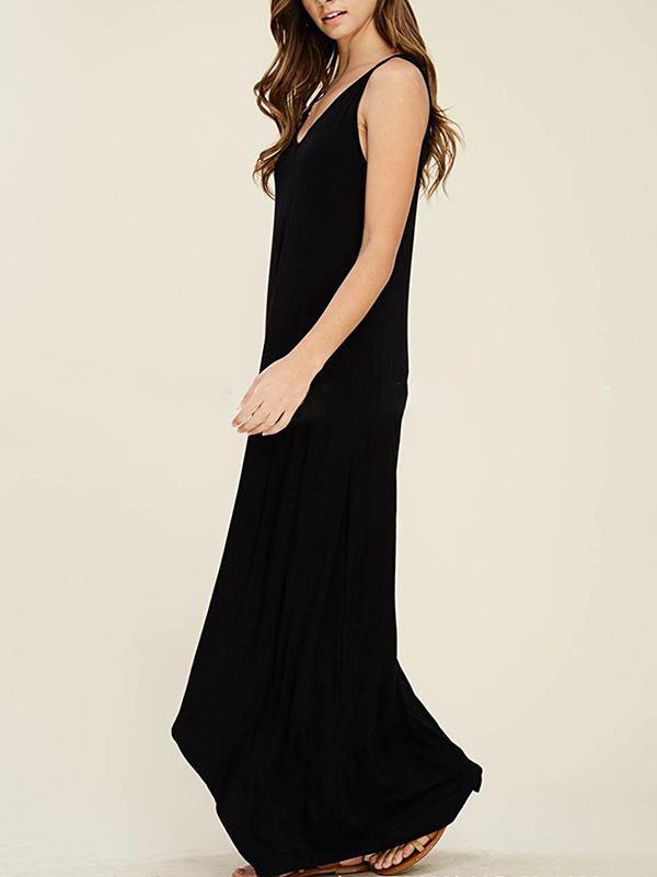 Women's Sleeveless Maxi Dress Casual Pockets Soft Jumper Skirt Solid Beach Dress - CHALIER