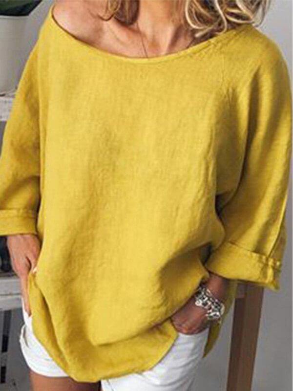 Women's Solid Oversaize Cotton And Linen Casual T-Shirt - CHALIER