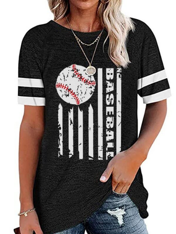 Women Striped Baseball Printed Short Sleeve T-Shirt