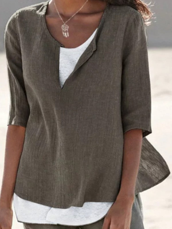 Women V Neck Cotton Linen Solid Casual Blouse