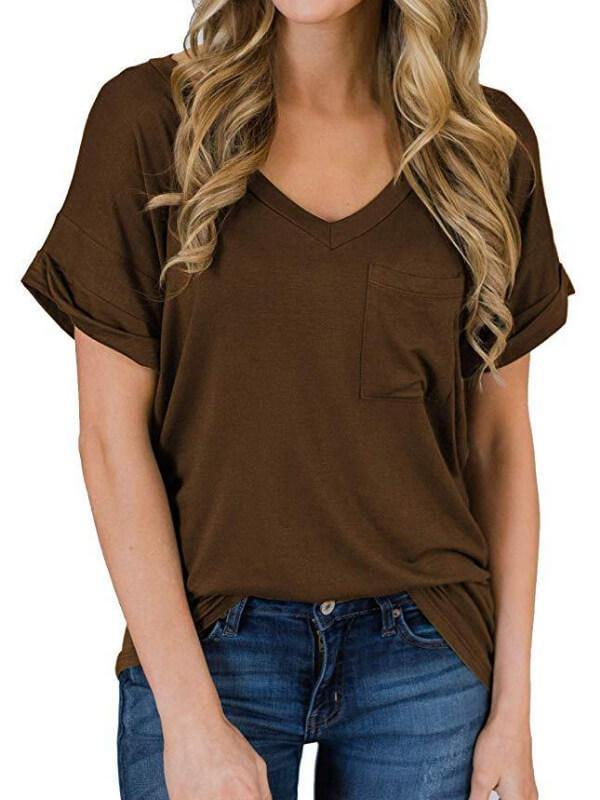 Women Cotton Solid V Neck Short Sleeve T-Shirt - CHALIER