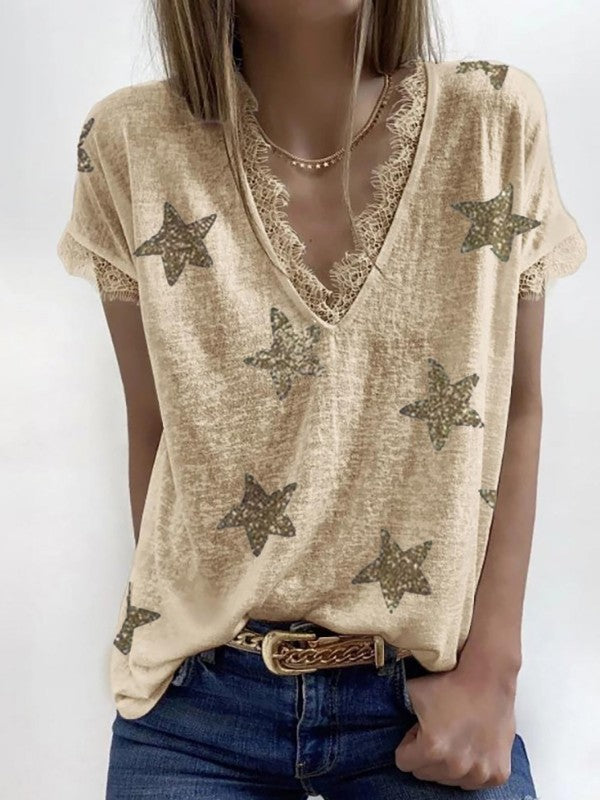 Women Lace Star Printed V Neck Short Sleeve T-Shirt
