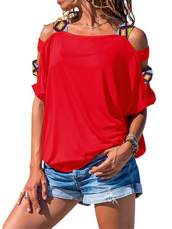 Ladies Geometric Cold Shoulder Casual Short Sleeve Tee - CHALIER