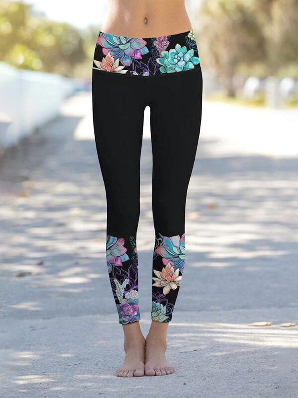 Women Floral Printed Details Leggings Yoga Pants - CHALIER