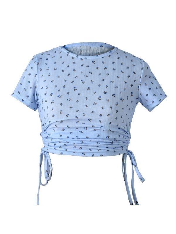 Women's Short-Sleeve T-shirt Drawstring Crop Top - CHALIER