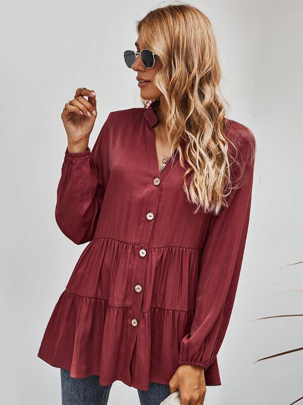 Ladies V Neck Long Sleeve Solide Causal Blouse - CHALIER