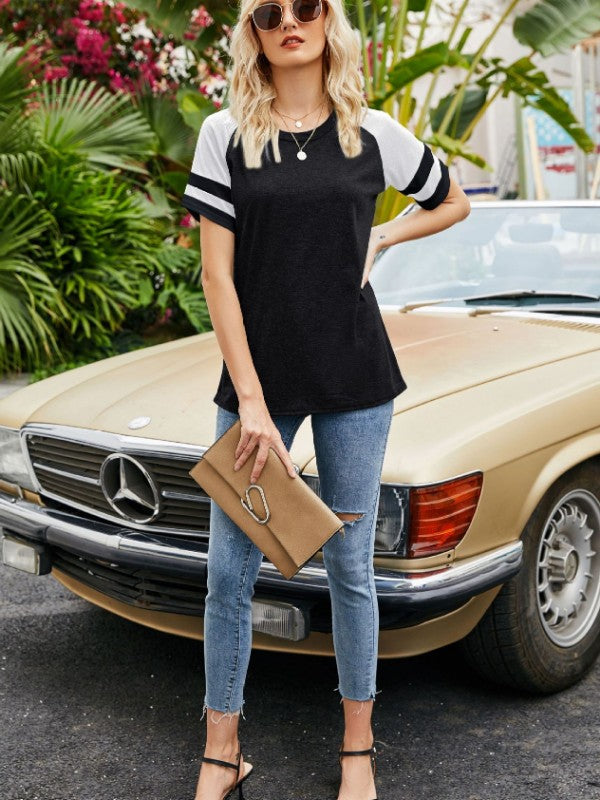 Women Stitch Striped Crew Neck Loose T-Shirt