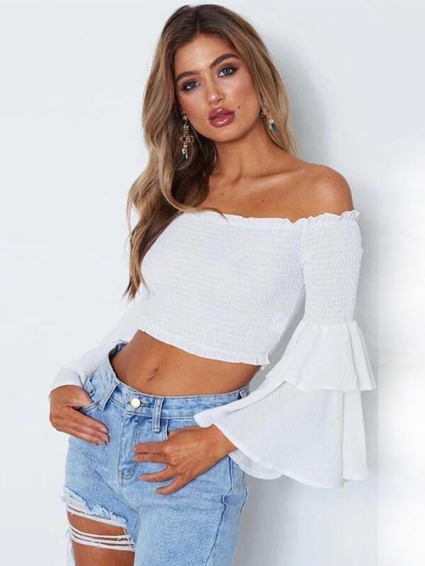 Ladies Off The Shoulder Bell Sleeve Solid Top - CHALIER