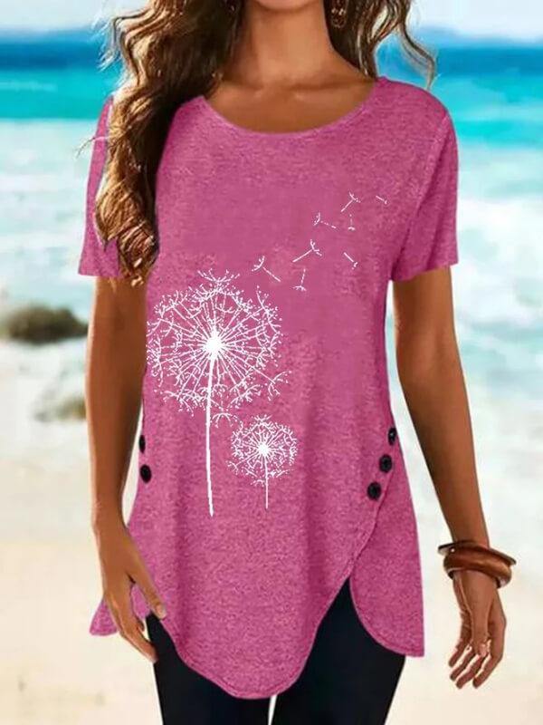 Women's Crew Neck Printed Short Sleeve Cotton-Blend Shirts & Tops - CHALIER