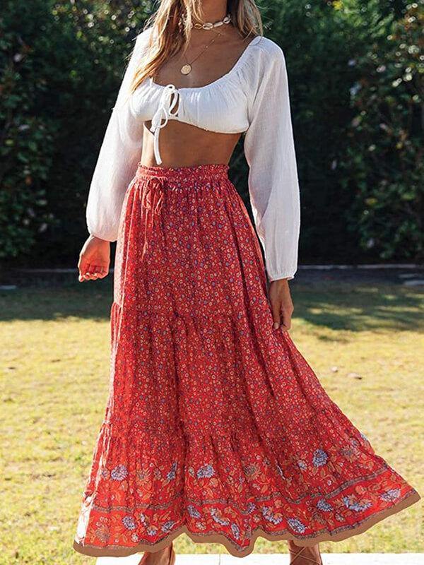 Women Elastic Waist Bohemian Floral Printed  A Line Maxi Skirt - CHALIER