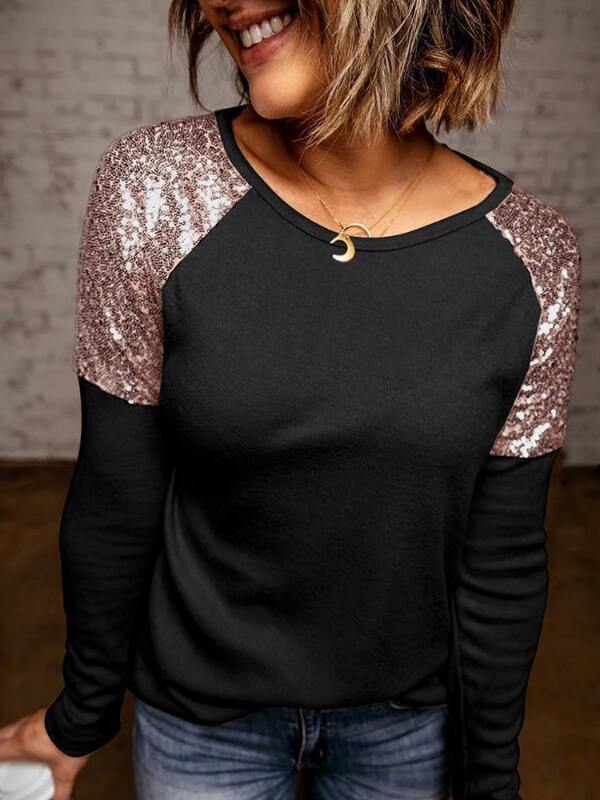Womens Long Sleeve Sequin stitch Crew Neck T-Shirt&Top - CHALIER