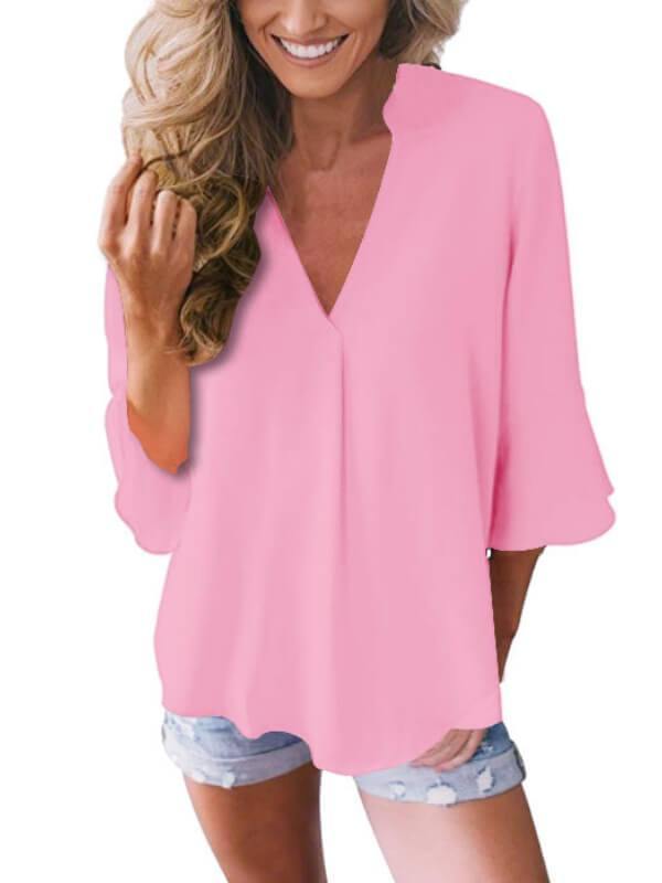 Women 3/4 Sleeve Solid Blouse V Neck Top - CHALIER