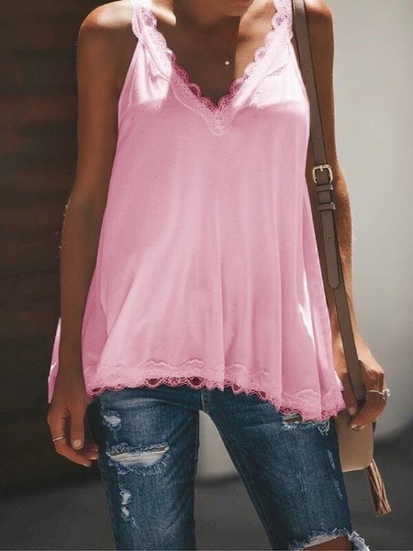 Women's V Neck Paneled Spaghetti Stap Solid Lace Crochet Cami Top - CHALIER