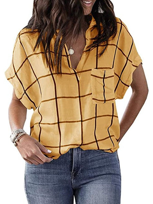 Women Plaid Printed V Neck Short Sleeve Blouse