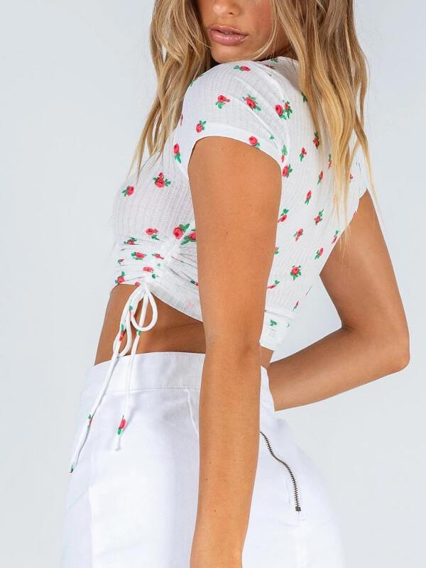 Women's Short-Sleeve Drawstring Crop T-shirt - CHALIER