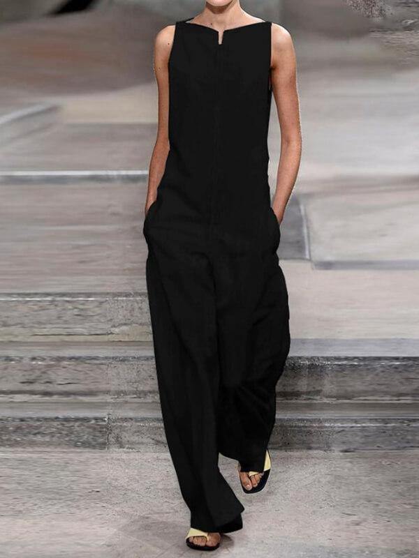 Chalier Plus Size V Neck Solid Sleeveless Beach Resort Jumpsuits Rompers - CHALIER