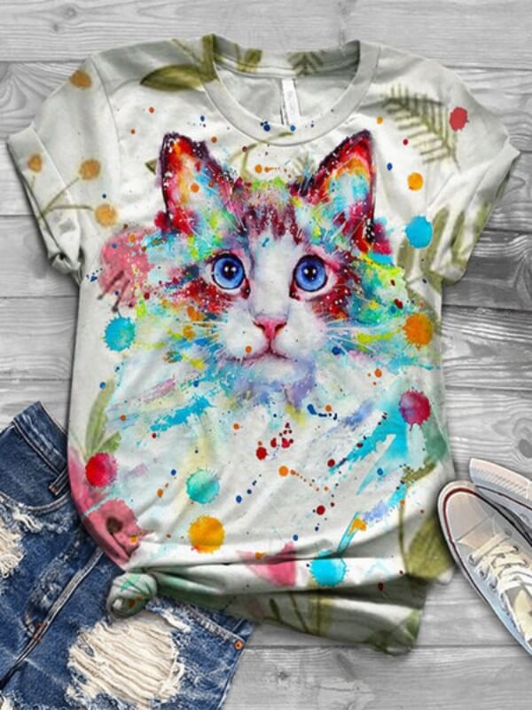 Women Cat Printed Casual Short Sleeve T-Shirt