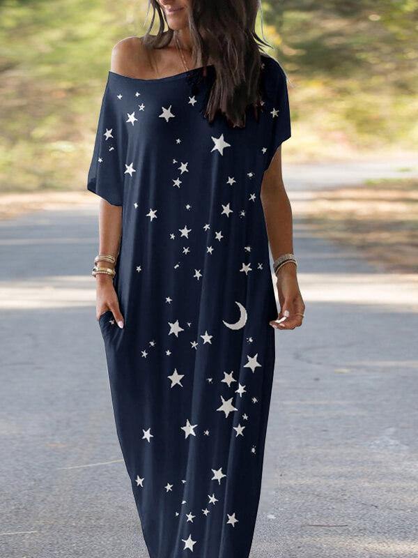 Women's Star Printed Short Sleeve Casual Maxi Dress - CHALIER