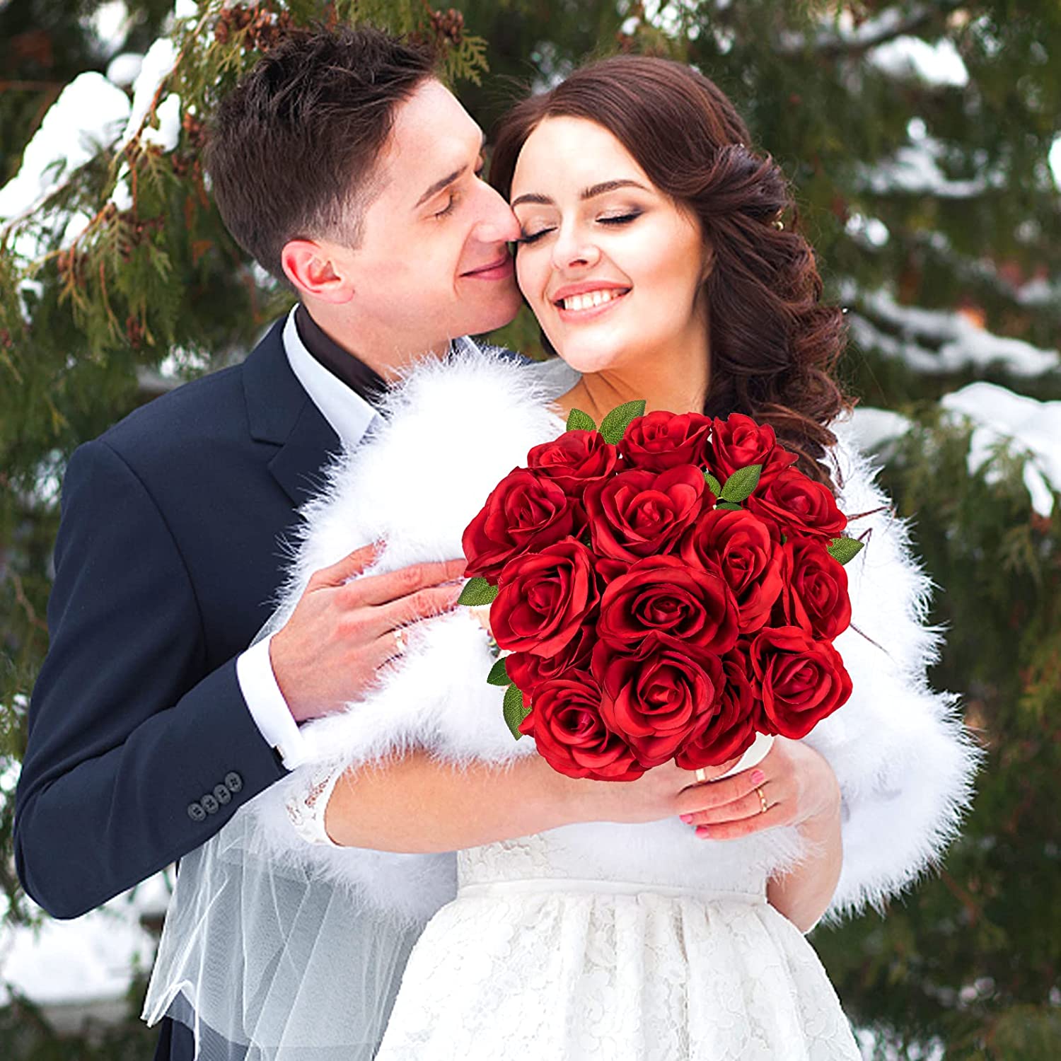 18 Pcs Red Artifical Red Roses Artificial Flowers Long Stem Silk Roses Bouquet for Valentines Day Decor Arrangement Wedding