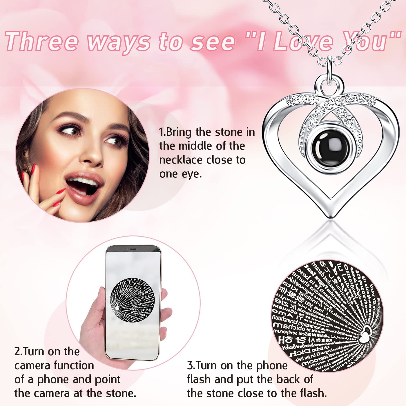 Preserved Real Rose with I Love You Necklace in 100 Languages Valentines Day Gifts for Mom Women Her, Enchanted Rose Flower Valentines Gift from Daughter Son Mothers Day Birthday Anniversary Christmas