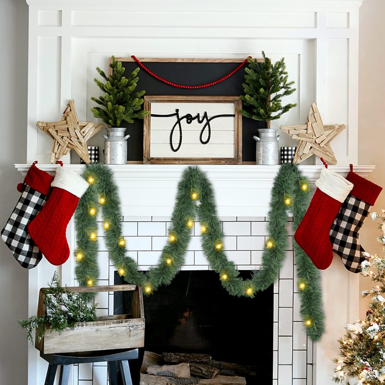 19.68 FT Lighted Christmas Garland Pre-lit Artificial Pine Green Garland with 60 LED Lights Light Up for Indoor Outdoor Home Gate Stair Garden Fireplaces Winter Holiday New Year Party Decorations