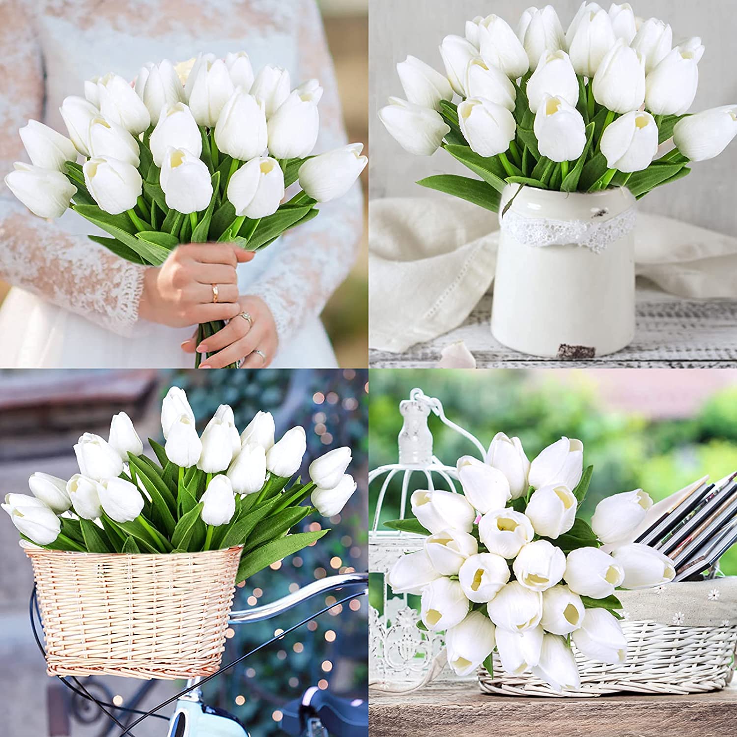 20 Pcs Artificial Flowers Fake Tulip Flowers for Office Decor Home Garden Wedding White
