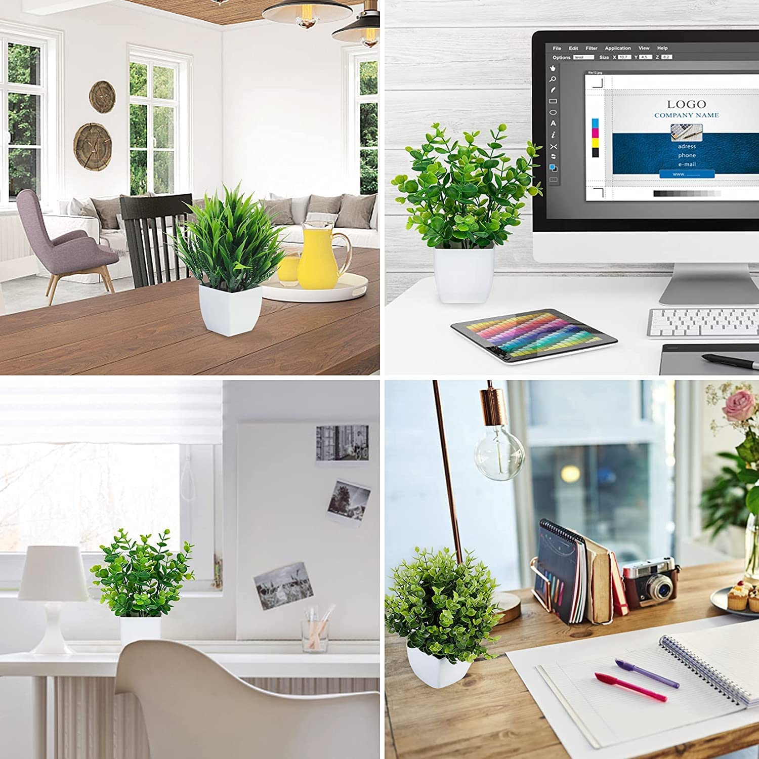 3 Pack Fake Plants in Pots Artificial Eucalyptus Plant Mini Potted Faux Plants Indoor Small Plastic Wheat Grass Shrubs Greenery in Pots for Table Desk Bathroom Bedroom Office Home Decor