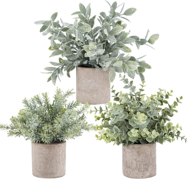 3 Pack Mini Potted Fake Plants Artificial Plastic Eucalyptus Plants for Home Office Desk Farmhouse Room Decor