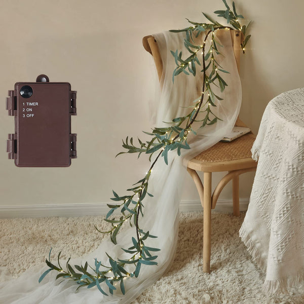 Olive Garland Battery Operated with Timer 96 LED Fairy Lights 6ft, Mantle Fireplace Vine Garland with Lights for Decoration Inside Outside Christmas Wedding