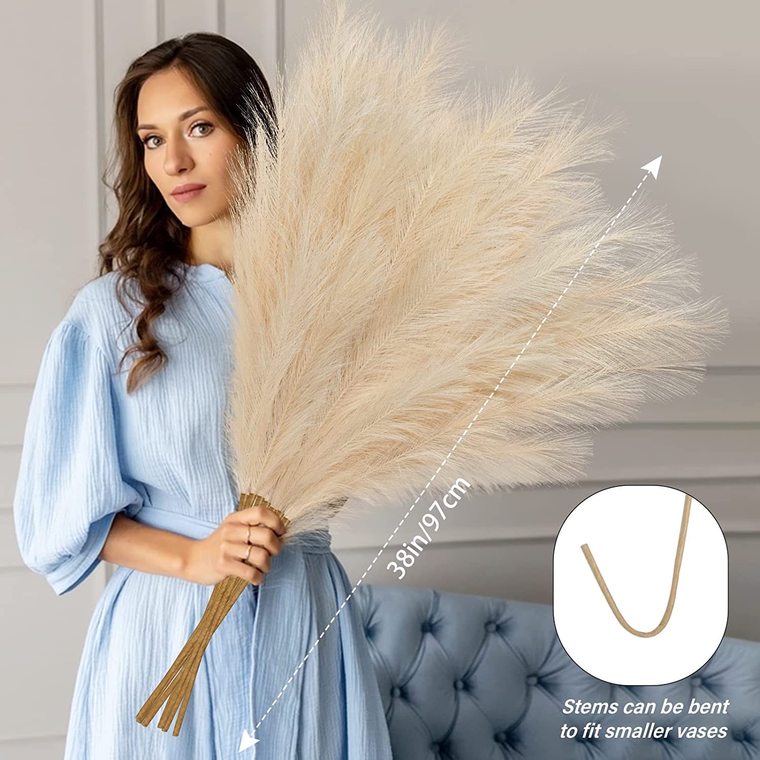 8 Pcs Faux Pampas Grass Decor 38''/97cm Tall Artificial Large Pompas Grass Pompous Floral Fluffy Fake Plants Floor Vase Filler for Kitchen Home Boho Decorations, Taupe