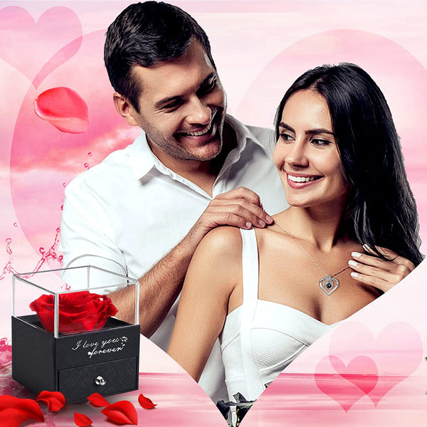 Preserved Real Rose with I Love You Necklace in 100 Languages Valentines Day Gifts for Mom Women Her, Enchanted Rose Flower Valentines Gift from Daughter Son Mothers Day Birthday Anniversary Christmas