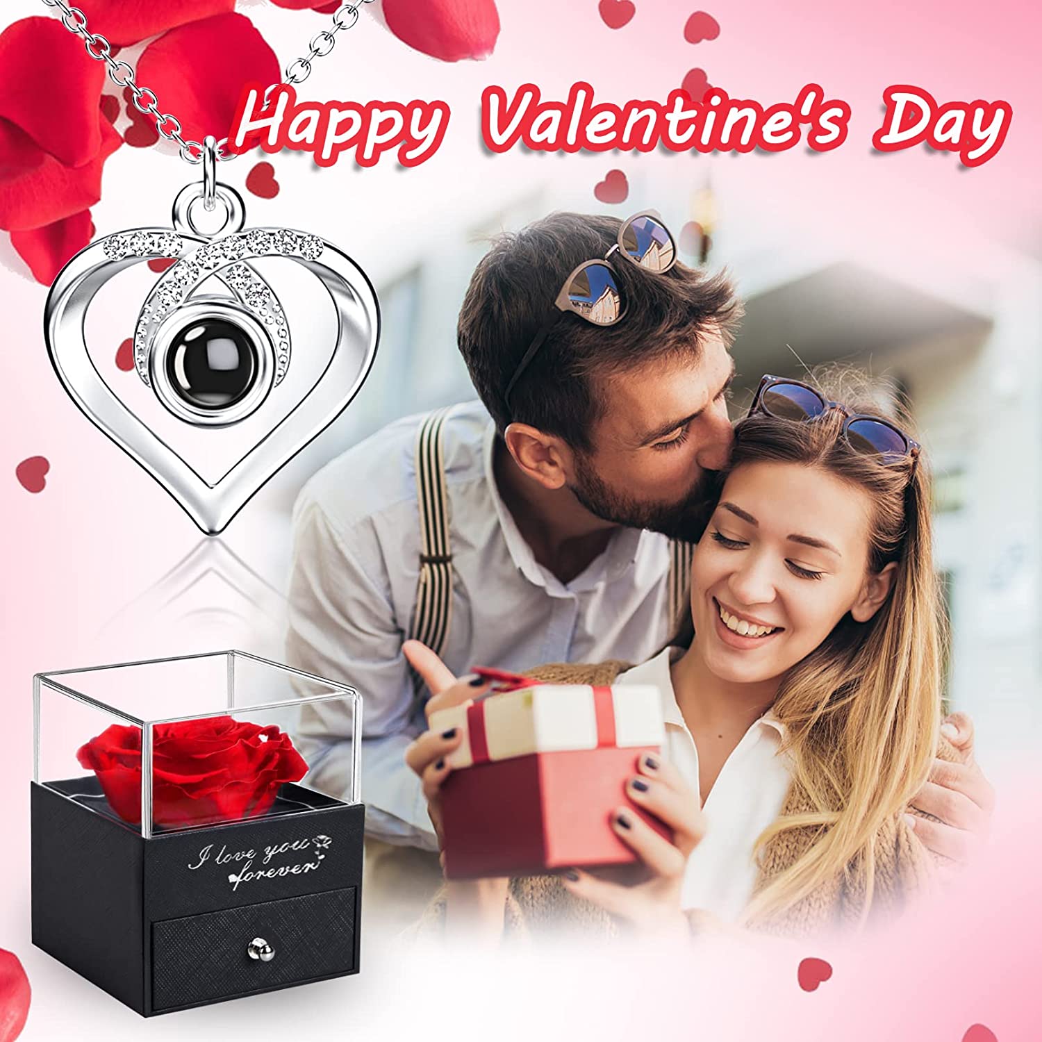 Preserved Real Rose with I Love You Necklace in 100 Languages Valentines Day Gifts for Mom Women Her, Enchanted Rose Flower Valentines Gift from Daughter Son Mothers Day Birthday Anniversary Christmas