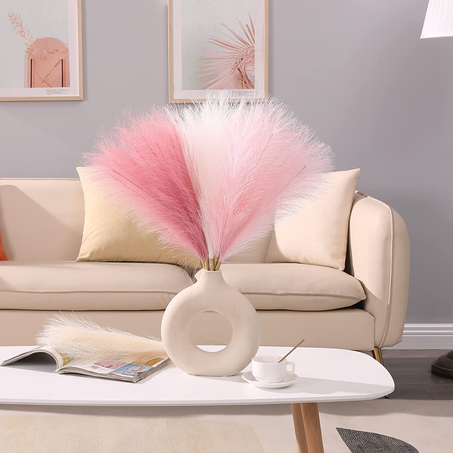 Pampas Grass Pink 17.7 Inch 6pcs, Artificial Pampas Grass Faux Pink Pompas Grass Decor, Short Pompous Grass Blush Room Decoration, Wedding Party Centerpieces Valentine Mothers Day