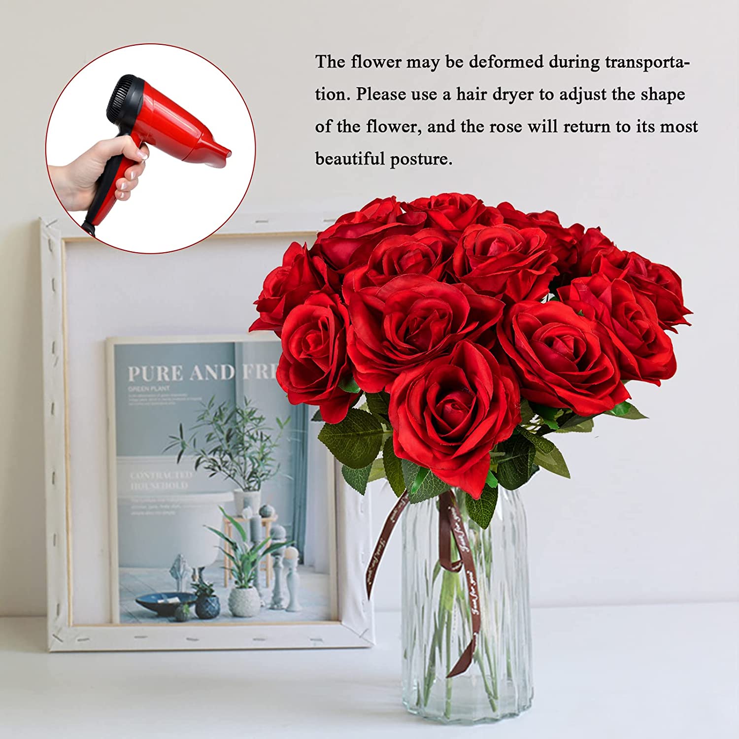 18 Pcs Red Artifical Red Roses Artificial Flowers Long Stem Silk Roses Bouquet for Valentines Day Decor Arrangement Wedding