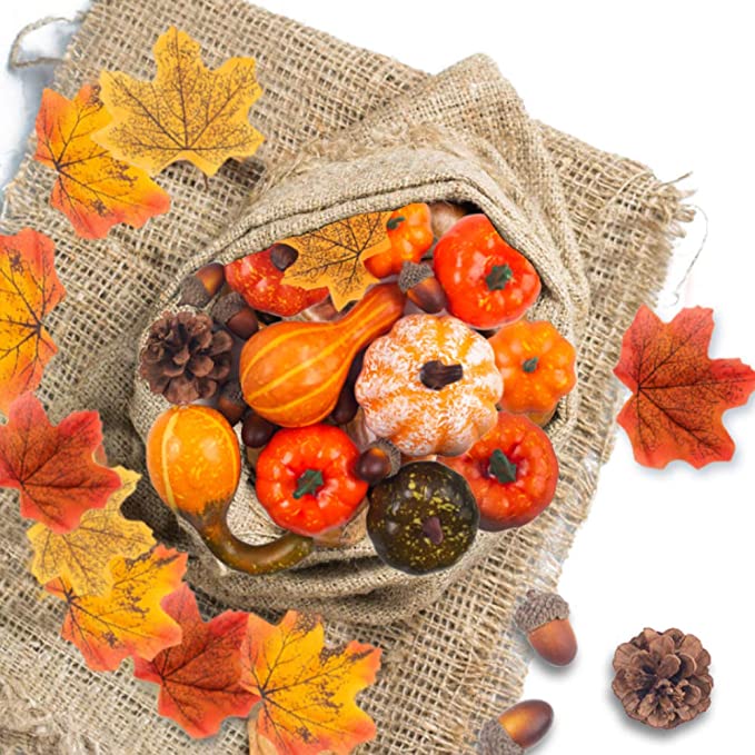 50 PCS Thanksgiving Artificial Pumpkins and Gourds Set, 8 PCS Fake Pumpkins, 12 PCS Pinecones and Acorns, 30 PCS Fake Maple Leaves Fall Wedding Tables Centerpieces