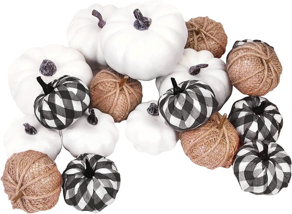 18 Pcs Fall Pumpkin Decor, Foam Artificial Pumpkins Burlap Grid White Pumpkins for Decorating Halloween Autumn Wedding Harvest Party Thanksgiving Fall Home Decorations, Black