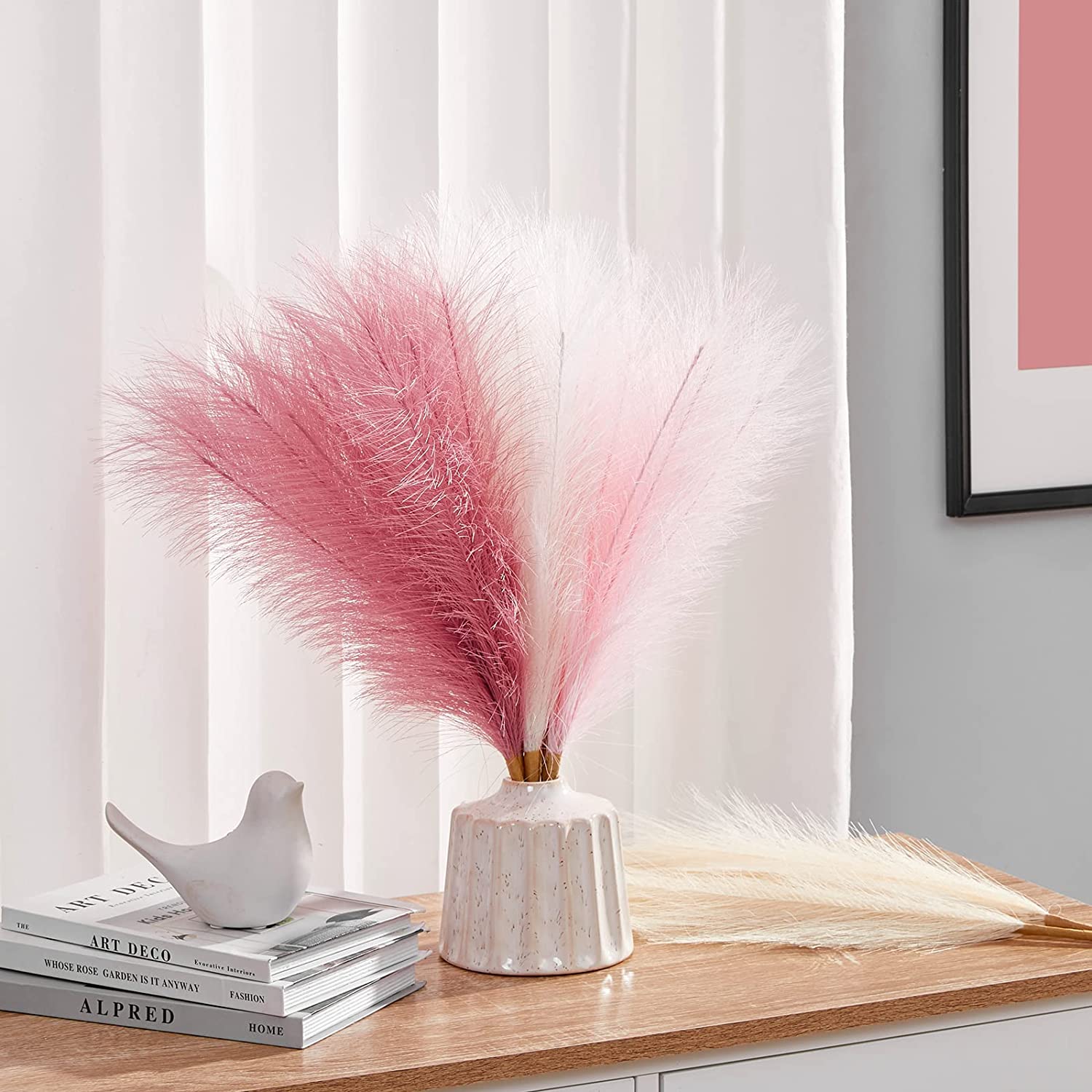 Pampas Grass Pink 17.7 Inch 6pcs, Artificial Pampas Grass Faux Pink Pompas Grass Decor, Short Pompous Grass Blush Room Decoration, Wedding Party Centerpieces Valentine Mothers Day